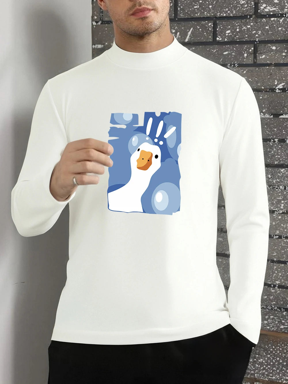 Surprised Goose Fun Prints T-Shirts Mens Winter Fleece Tops Half Turtleneck Slim Fit Warm Bottoming Shirt Fashion Male Clothes