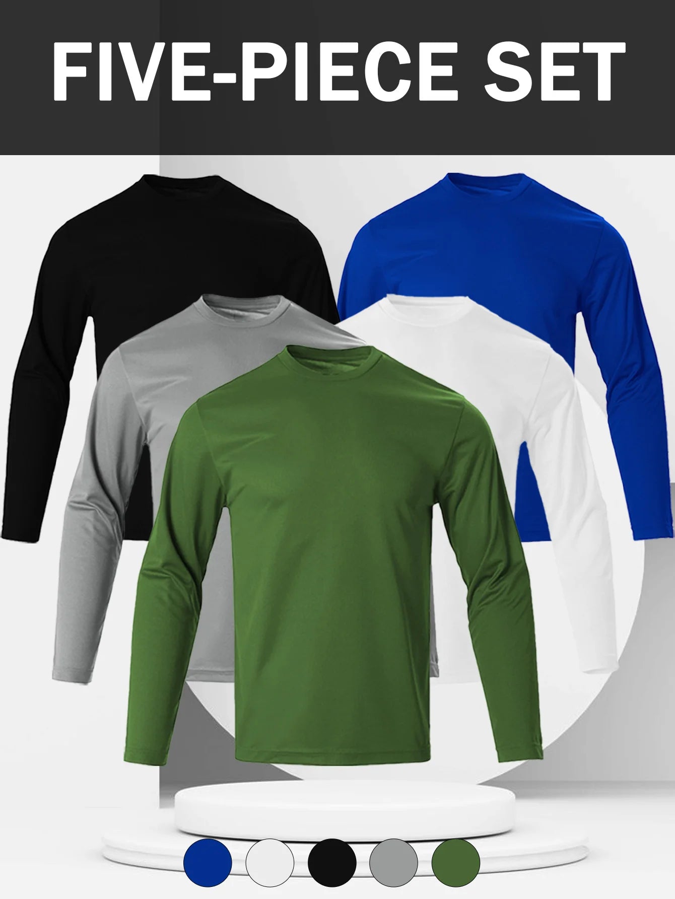 5 Pack Men's Athletic Shirt - Crew Neck Slim Fit Long Sleeve Pullover Base Layer, Rib Knit Quick Dry Lightweight Top