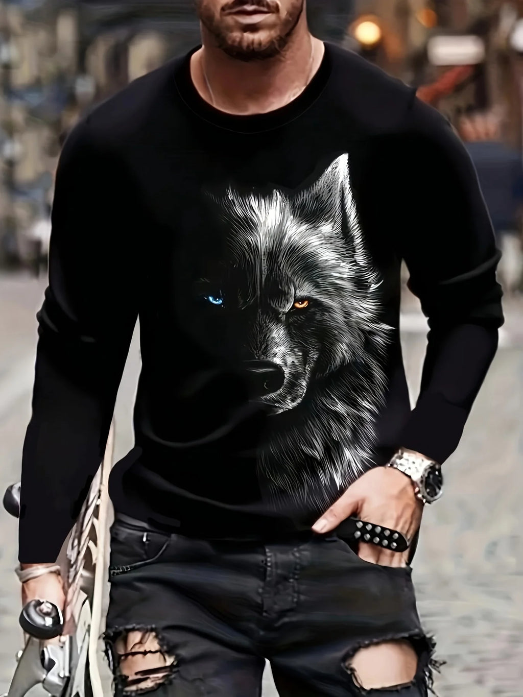 Fierce Wolf Print T-shirt Simple All-match Round Neck Long Sleeve Top Comfortable and Breathable for Daily Travel