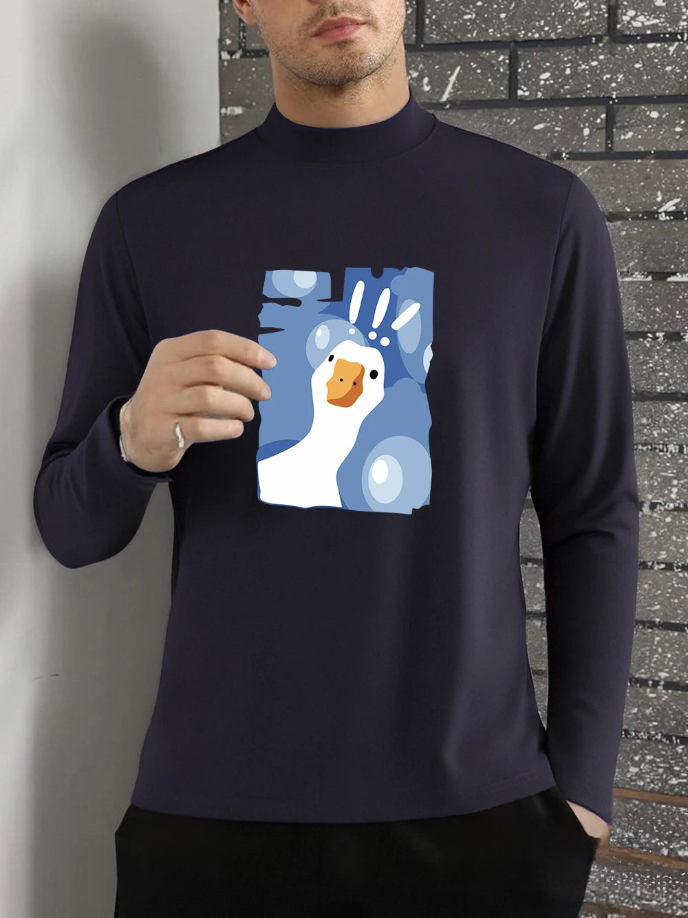 Surprised Goose Fun Prints T-Shirts Mens Winter Fleece Tops Half Turtleneck Slim Fit Warm Bottoming Shirt Fashion Male Clothes