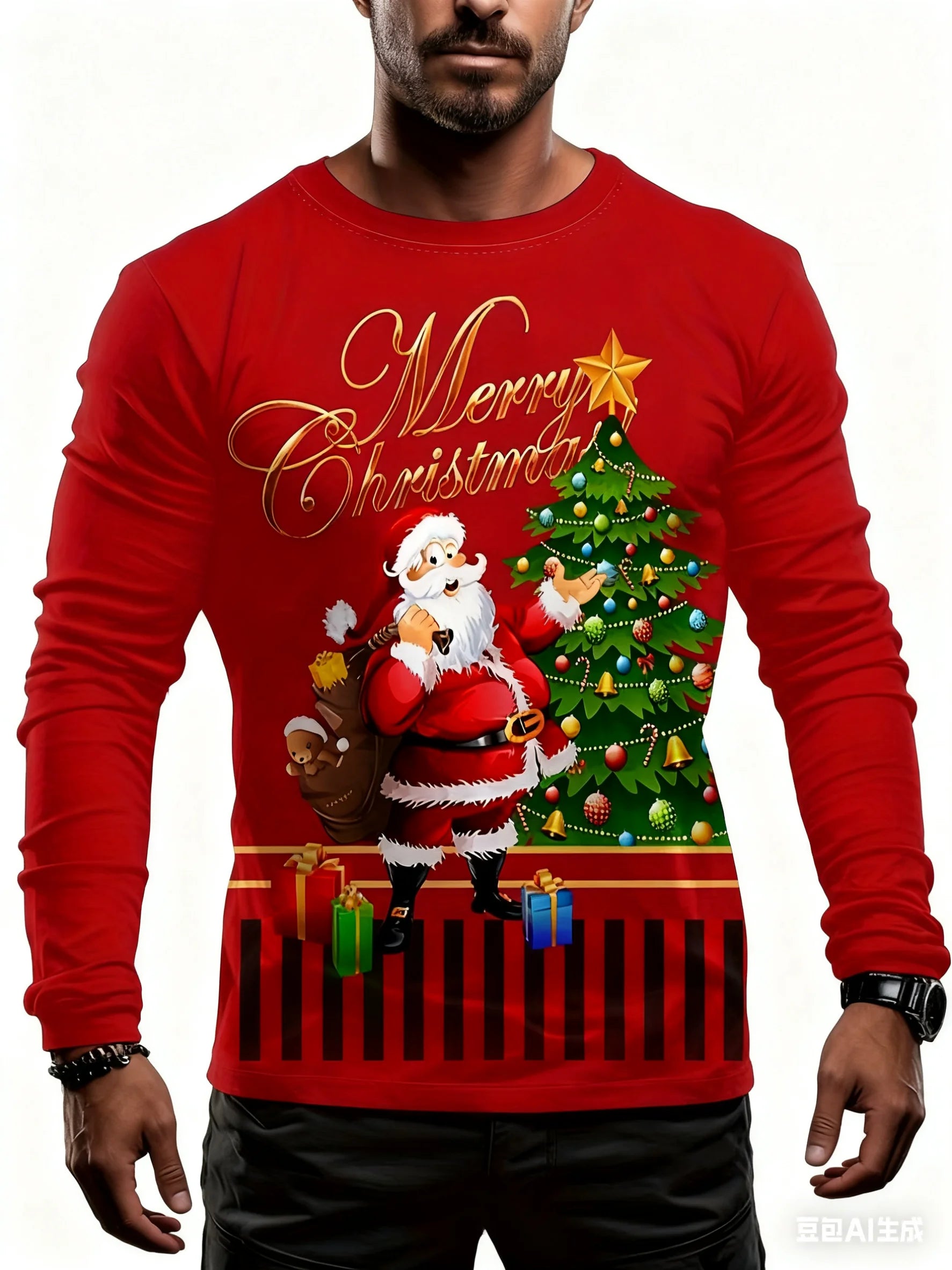New Men's Long Sleeved T-shirt 3D Printed With Santa Claus Print Round Neck Long Sleeved Autumn And Winter Top