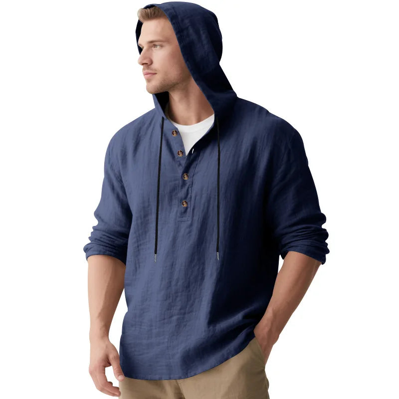 Men's Long Sleeve Tops Drawstring Hoodies Casual Cotton Linen Solid Color Casual Shirts Loose Pullover Sweatshirts Coat Outwear