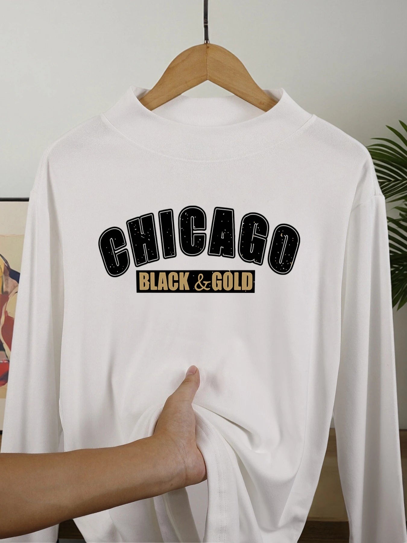 Chicago Black Gold Prints Inner Wear Man'S Autumn Winter Long Sleeve Shirt Velvet Fleece Mock Neck Tops Fit Thicken Clothing