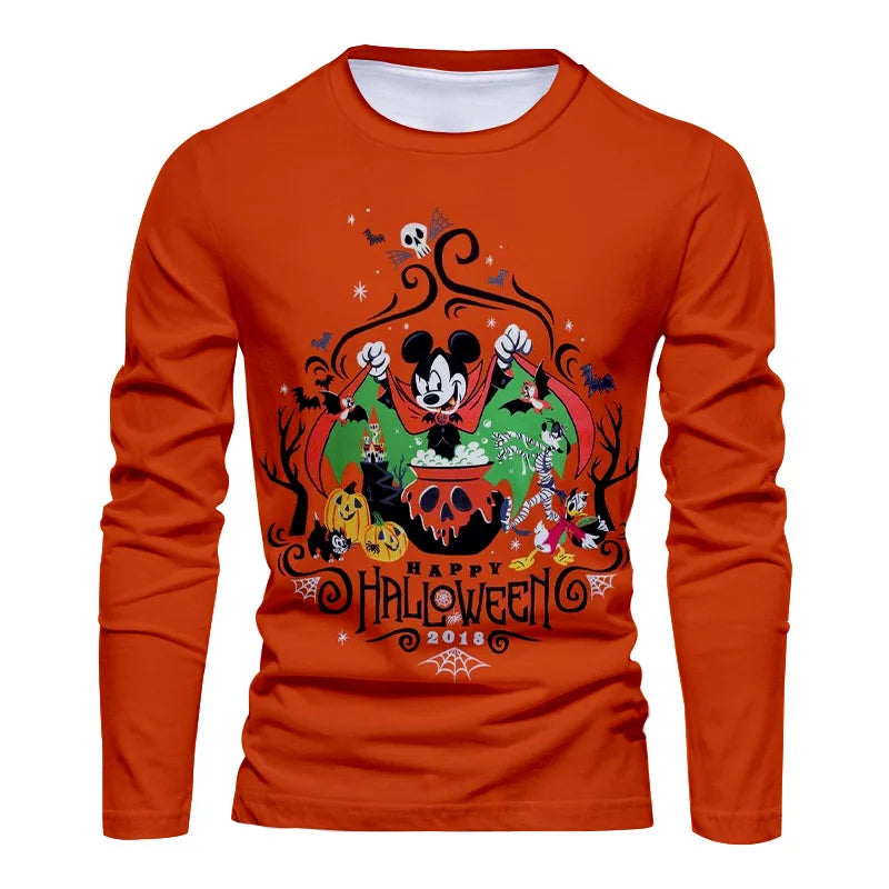 2025 New Horror Halloween Collection Streetwear Disney Stitch and Mickey 3D Printed Casual Men's Crew Neck Long Sleeve Tee
