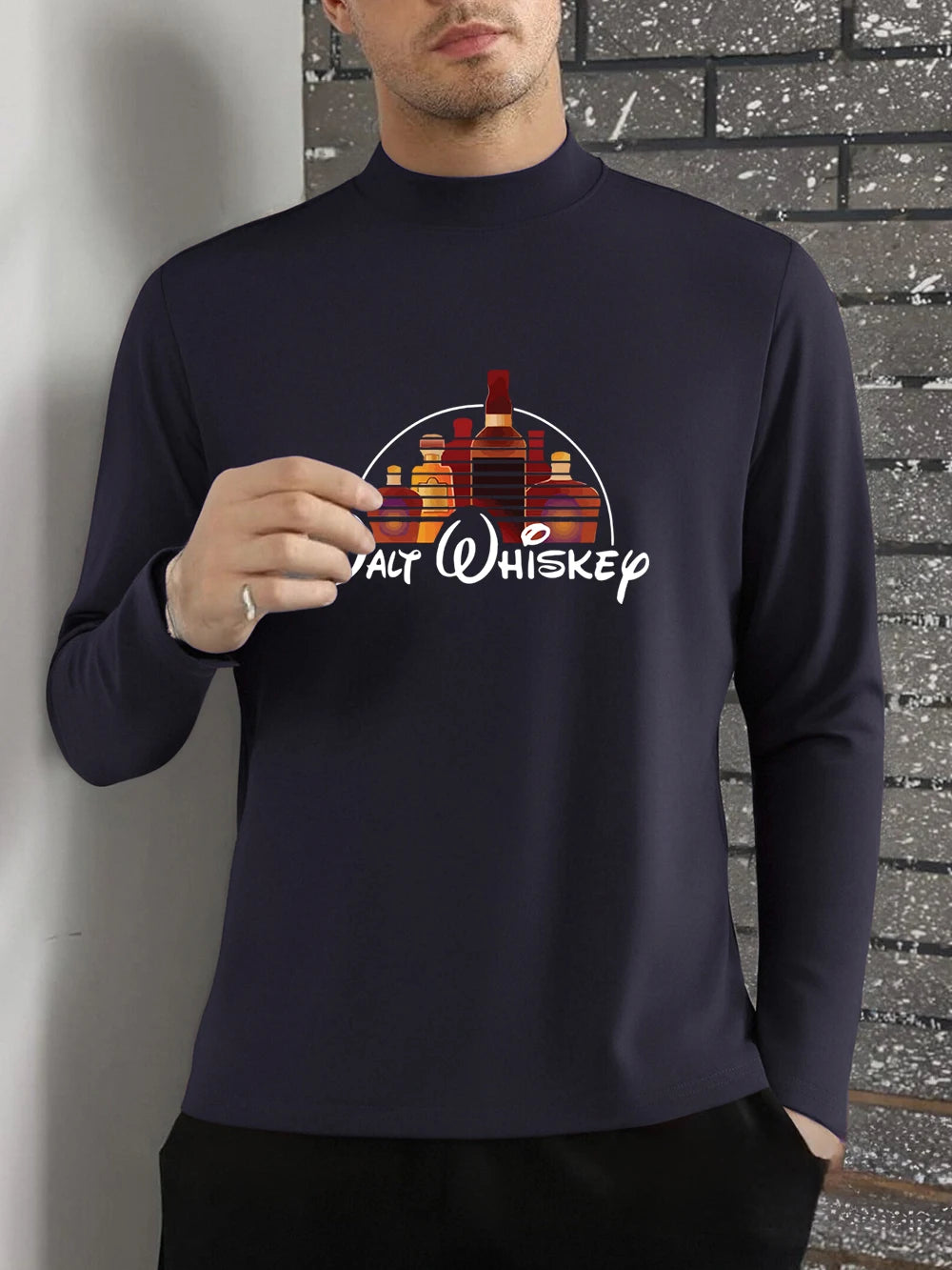 Malt Wiskey Funny Alcool Drunk Prints T-Shirt Men Winter Fleece Tops Half Turtleneck Slim Fit Warm Bottoming Shirt Basic Clothes