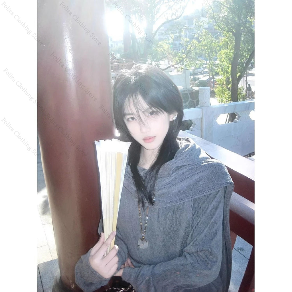 Harajuku Style Long Sleeve T-Shirt with Gray Hooded Shirt for Men Men's T-shirt with Muffler Pullover Winter Clothes Streetwear