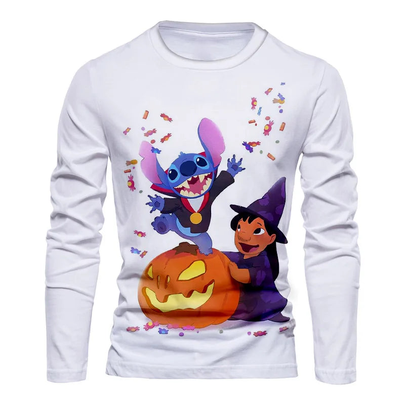 2025 New Horror Halloween Collection Streetwear Disney Stitch and Mickey 3D Printed Casual Men's Crew Neck Long Sleeve Tee