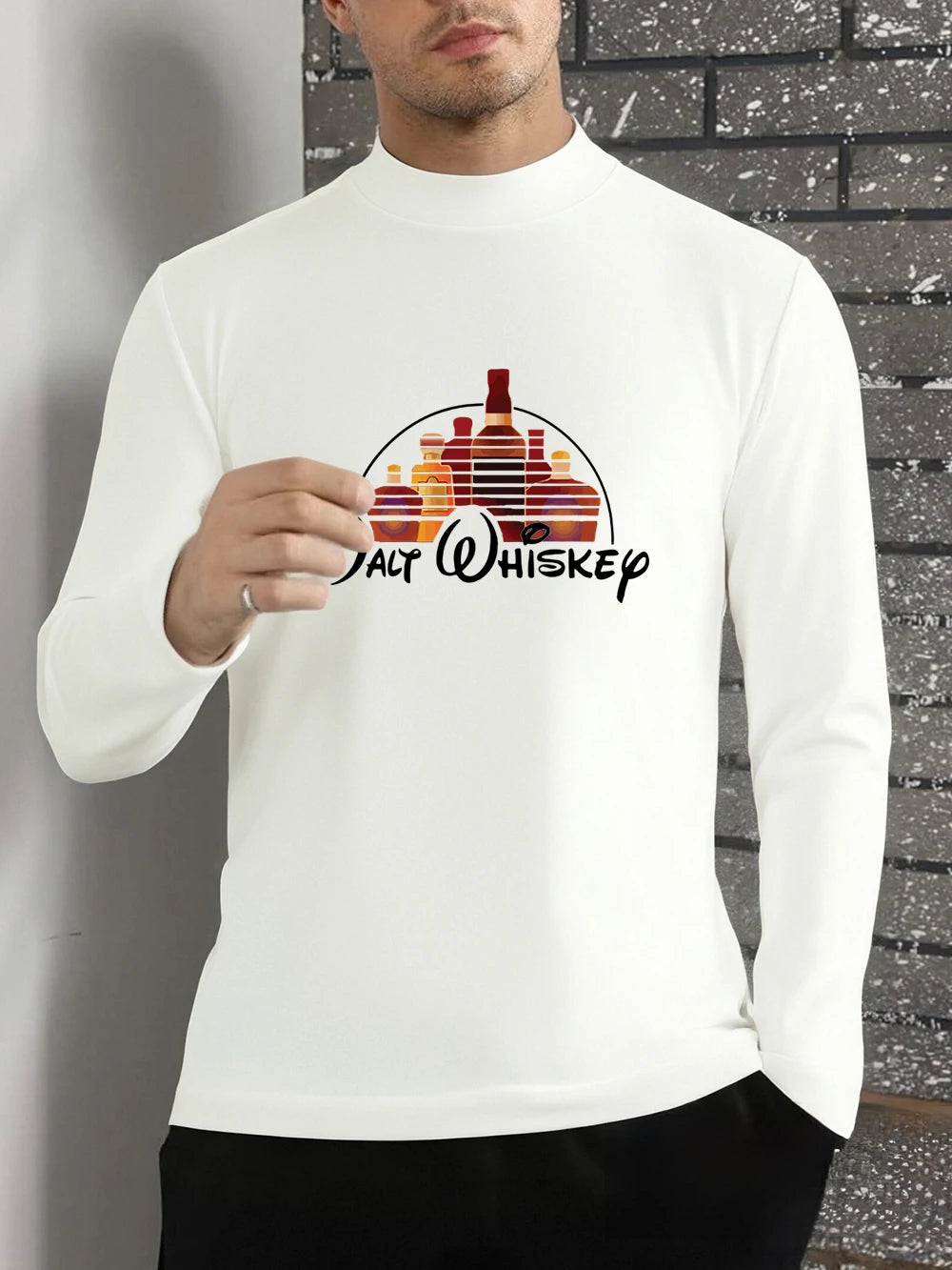 Malt Wiskey Funny Alcool Drunk Prints T-Shirt Men Winter Fleece Tops Half Turtleneck Slim Fit Warm Bottoming Shirt Basic Clothes