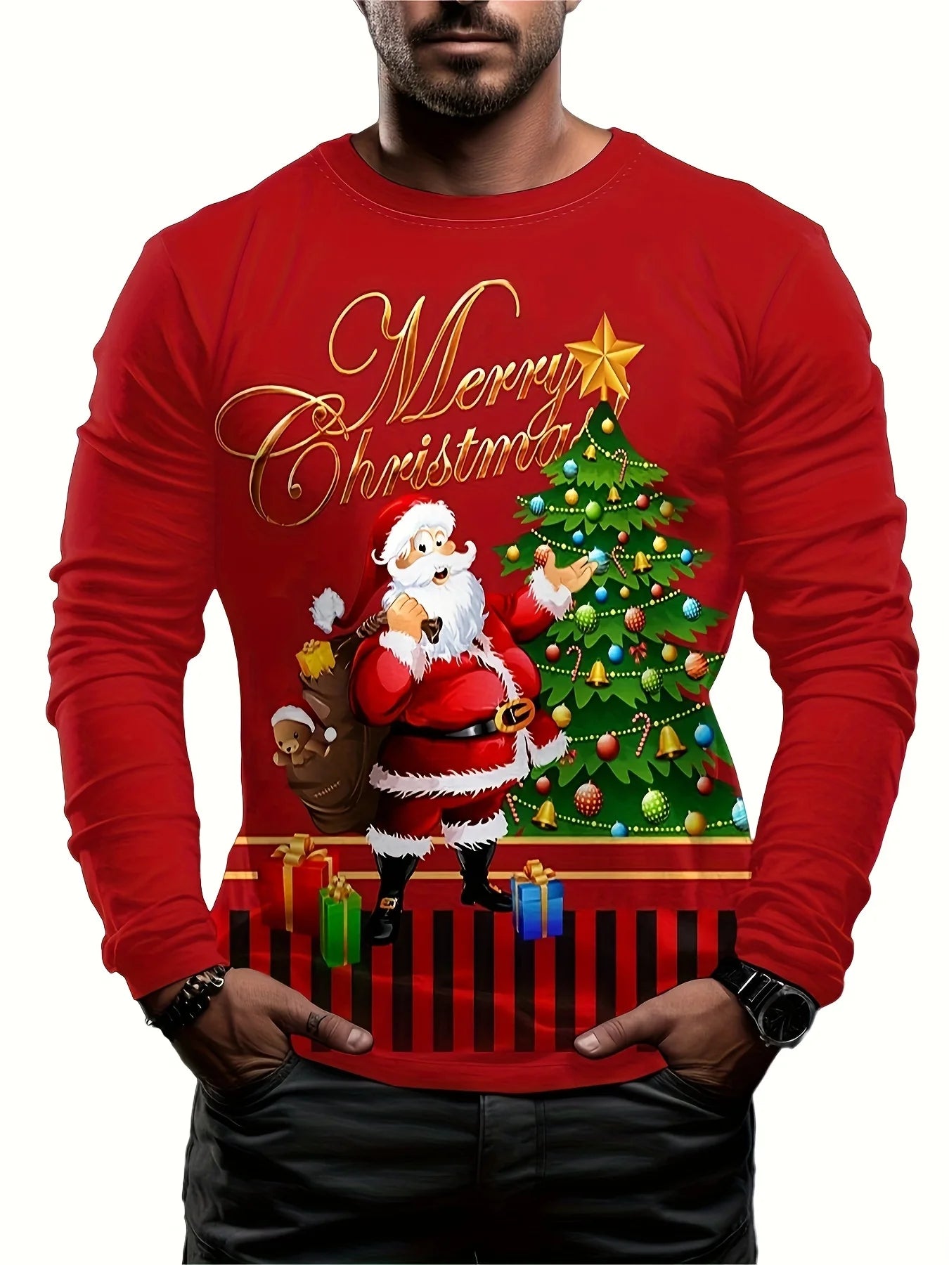 New Men's Long Sleeved T-shirt 3D Printed With Santa Claus Print Round Neck Long Sleeved Autumn And Winter Top
