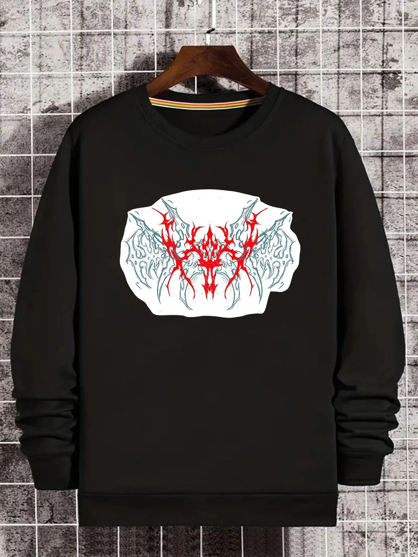 Men's Casual Print Round Neck Sweatshirt Bold Red Black Abstract Design Regular Fit  Versatile for Everyday Youthful Style