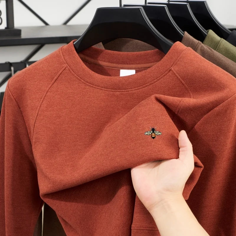 High end brand's new double-sided velvet comfortable T-shirt autumn and winter 2025 men' exquisite bee embroidered warm pullover
