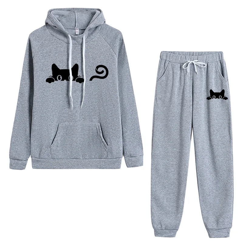 Hot-selling matching outfits for men and women, cute cat print casual hoodie set, daily fitness jogging pants set for men and wo