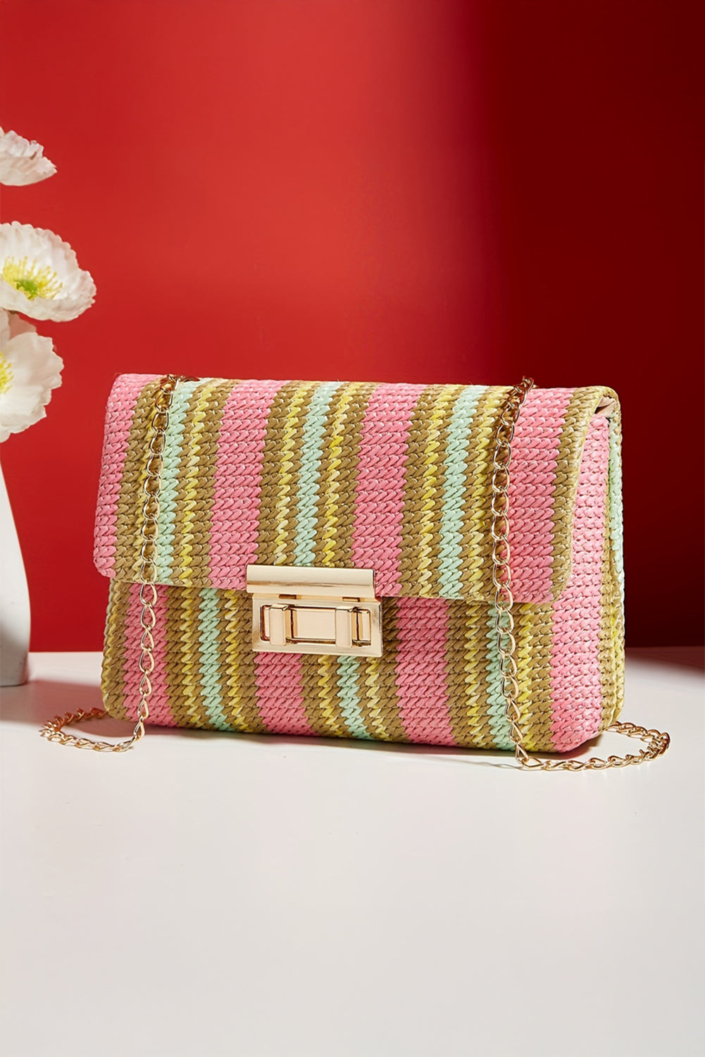 Pink Stripe Woven Flap Chain Strap Shoulder Bag