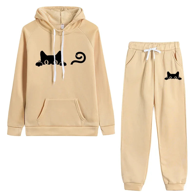 Hot-selling matching outfits for men and women, cute cat print casual hoodie set, daily fitness jogging pants set for men and wo