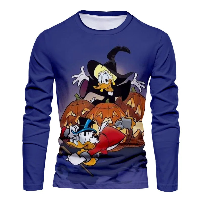 2025 New Horror Halloween Collection Streetwear Disney Stitch and Mickey 3D Printed Casual Men's Crew Neck Long Sleeve Tee
