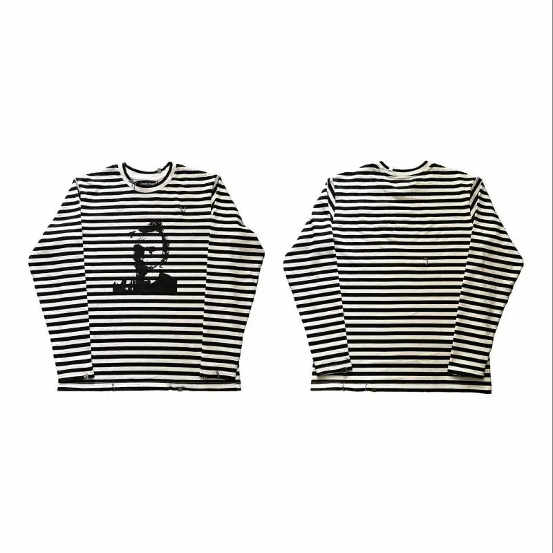 2025 New style dark black printed T-shirt, round-neck long-sleeved pullover, streetwear y2k men's and women's top