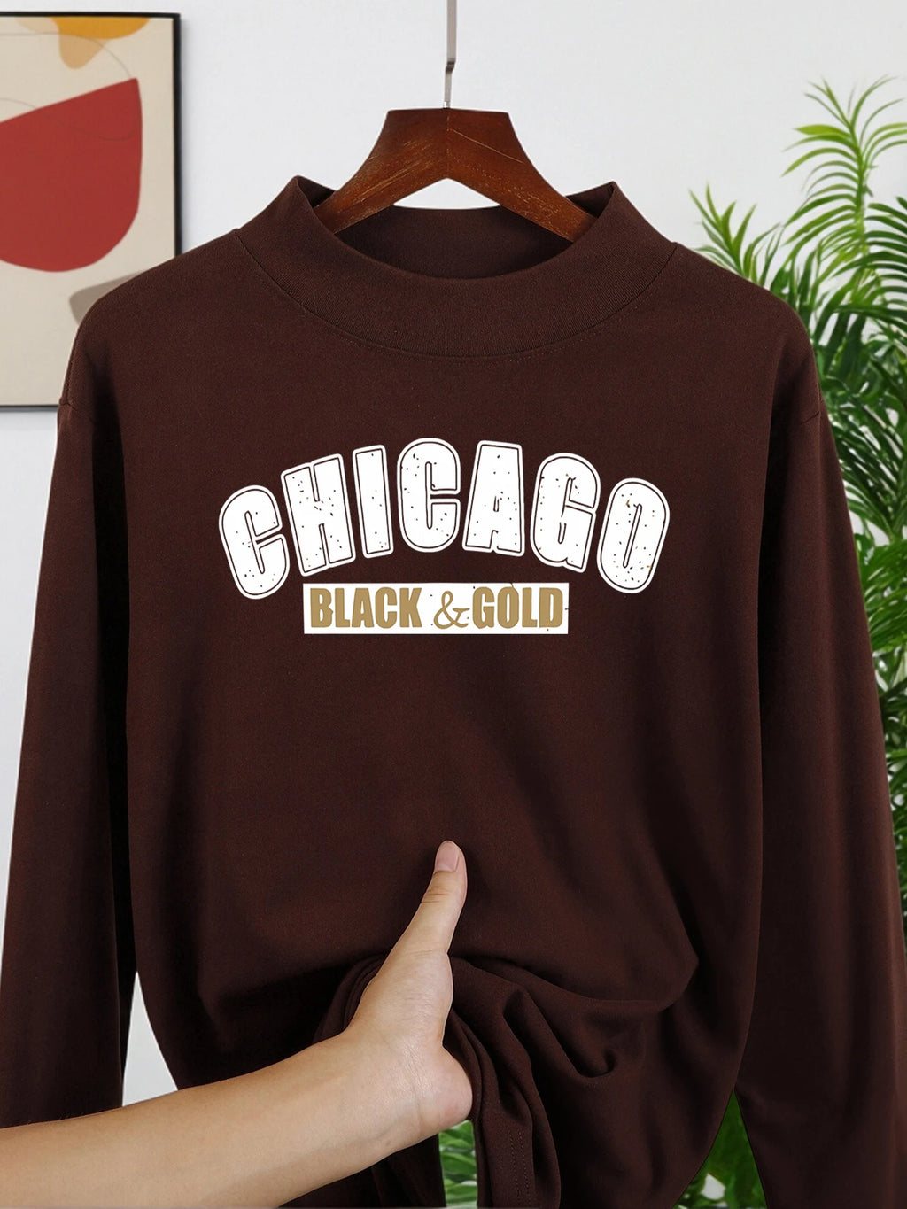 Chicago Black Gold Prints Inner Wear Man'S Autumn Winter Long Sleeve Shirt Velvet Fleece Mock Neck Tops Fit Thicken Clothing