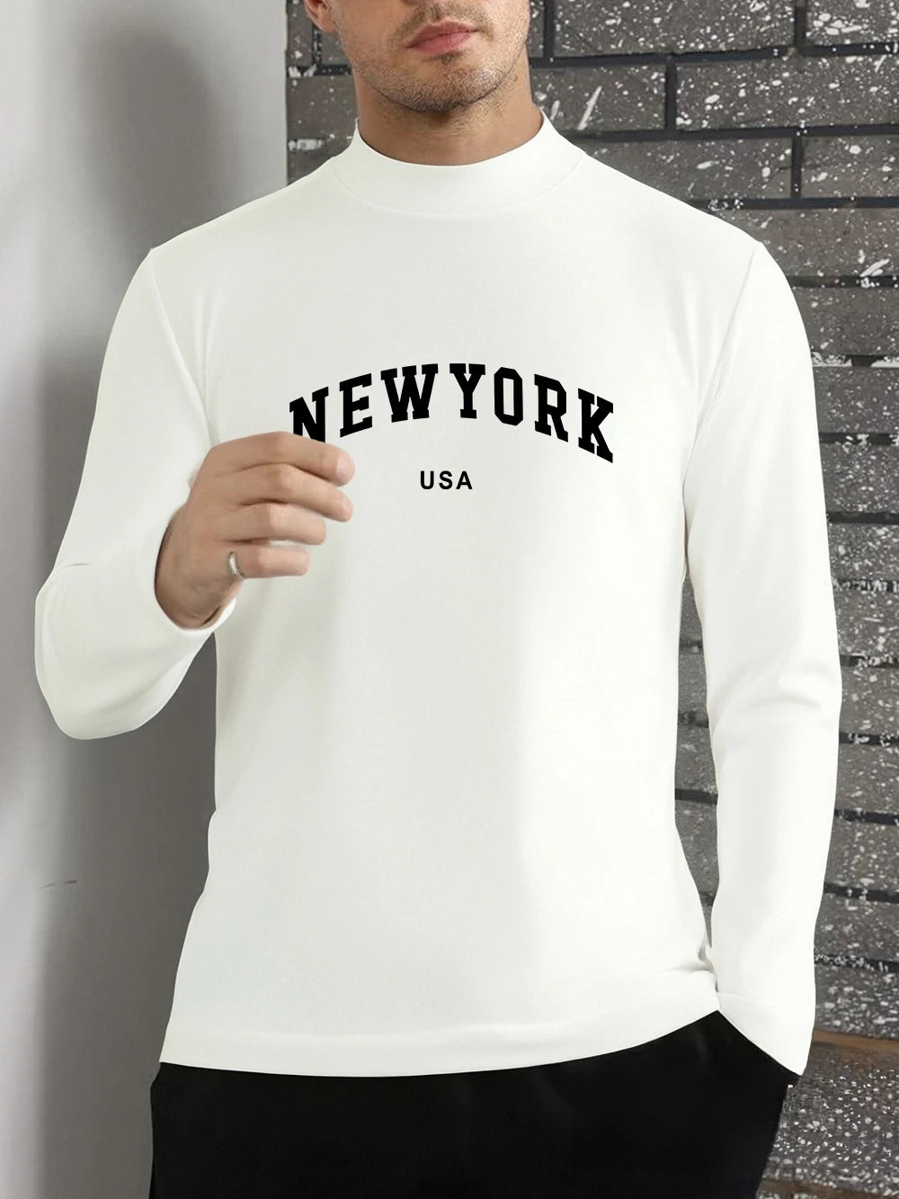 New York Usa Letter Printing T-Shirts Mens Winter Fleece Tops Half Turtleneck Slim Fit Warm Bottoming Shirt Fashion Male Clothes
