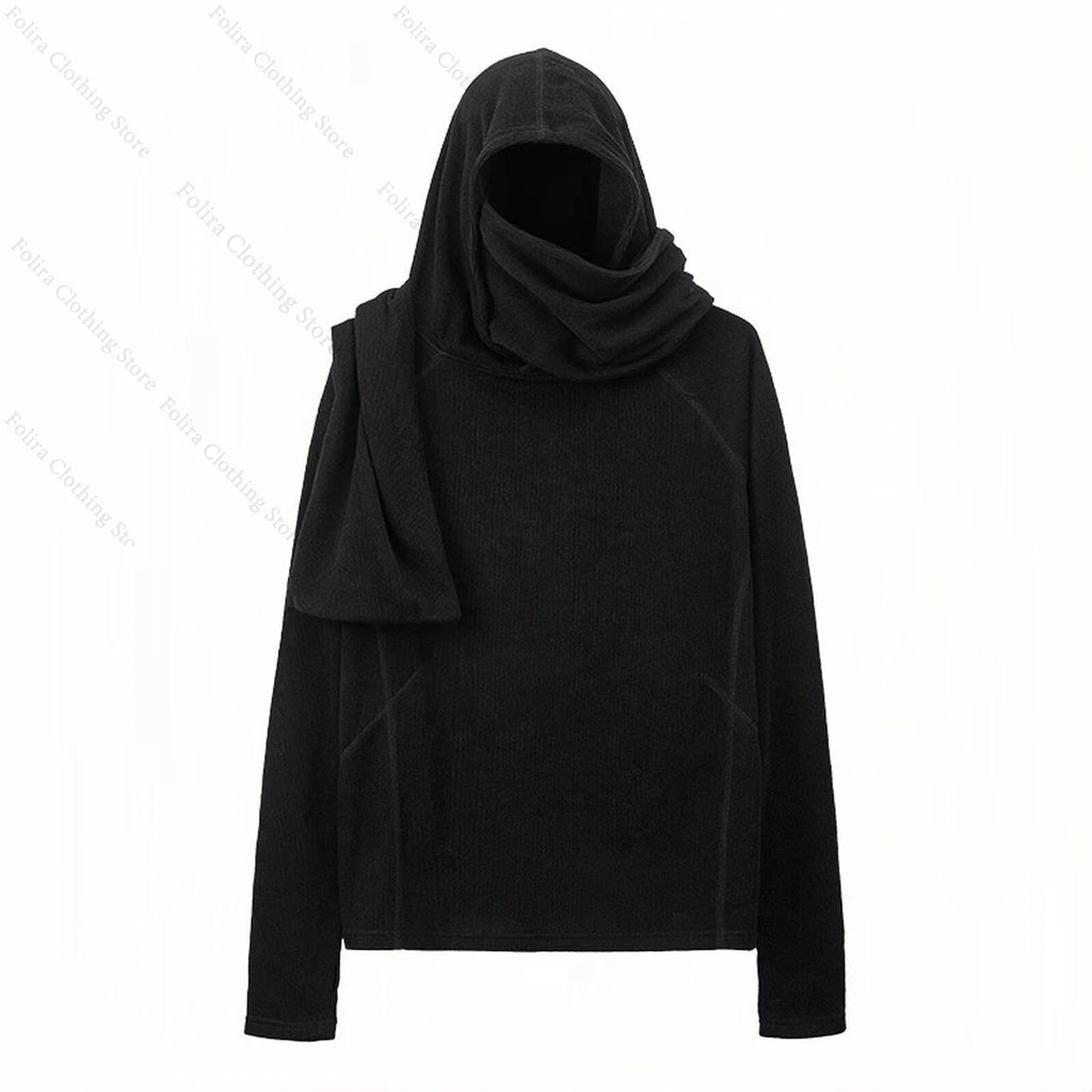 Harajuku Style Long Sleeve T-Shirt with Gray Hooded Shirt for Men Men's T-shirt with Muffler Pullover Winter Clothes Streetwear