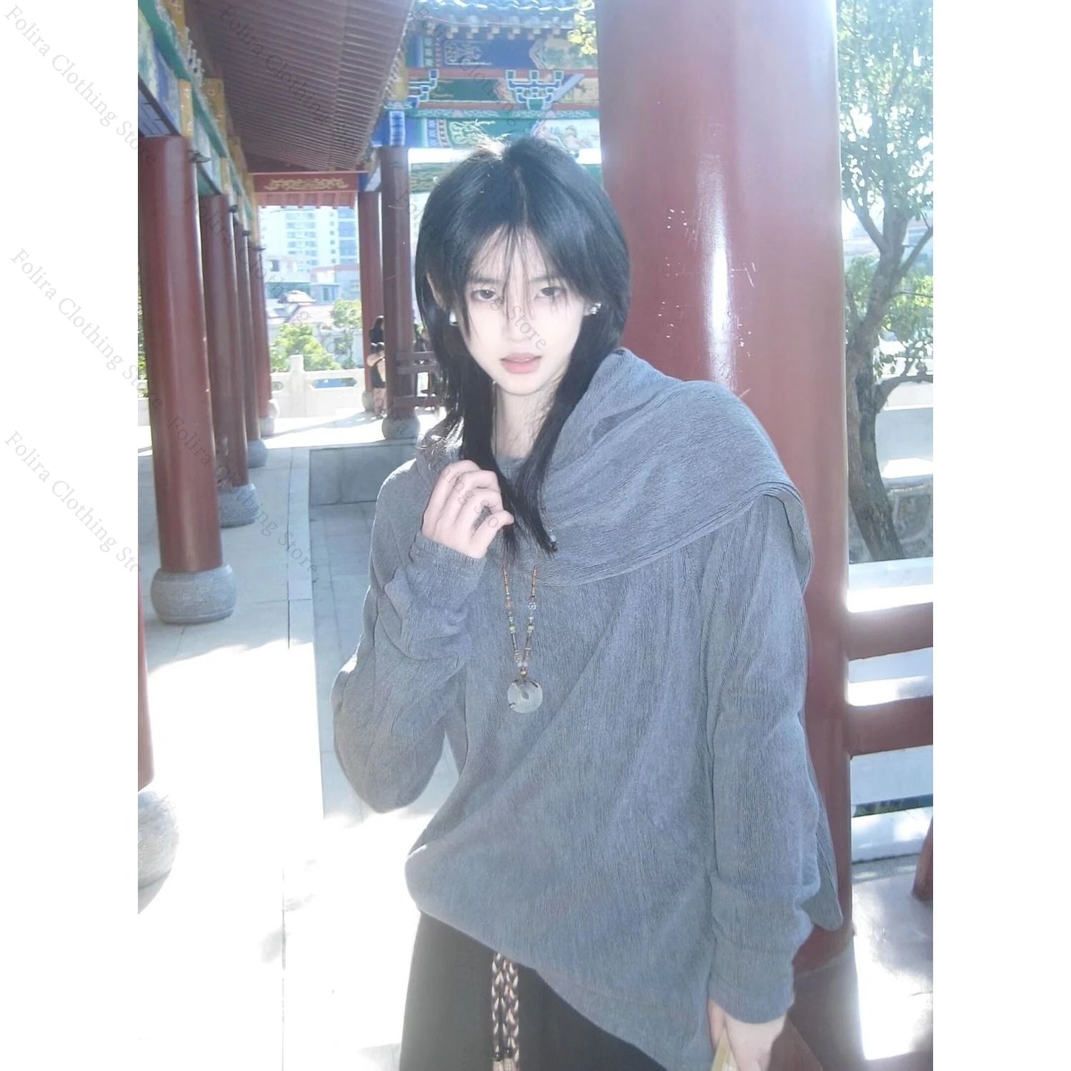 Harajuku Style Long Sleeve T-Shirt with Gray Hooded Shirt for Men Men's T-shirt with Muffler Pullover Winter Clothes Streetwear