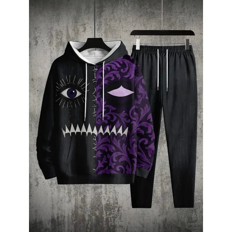 2025 3D Printed Men's Shoulder Style Hooded Sweatshirt Top and Pants Two-piece Set Spring and Autumn Casual Sports Set