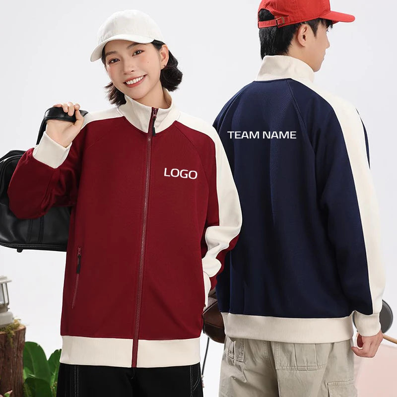 Long-sleeved Zipper Jacket, Color-blocked Warm Sweatshirt, Casual Baseball Jacket, Outdoor Wear, Customizable Logo