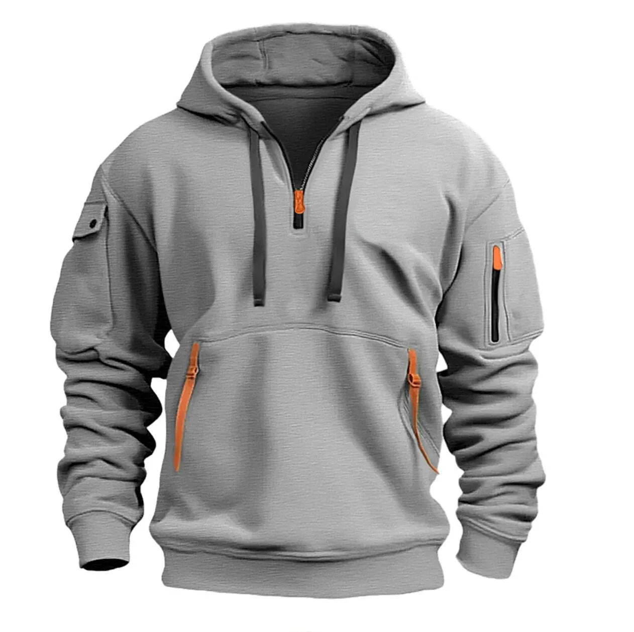 Men's Casual Sports Hoodie Spring Autumn Fashion Solid Color Long-Sleeved Pullover with Arm Pocket And Pull Rope plus Size