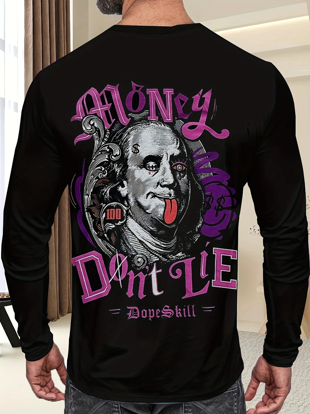 Men's Funny Dollar Pattern Printed Long Sleeve T-Shirt Trendy Round Neck Top Comfortable and Breathable for Daily Travel