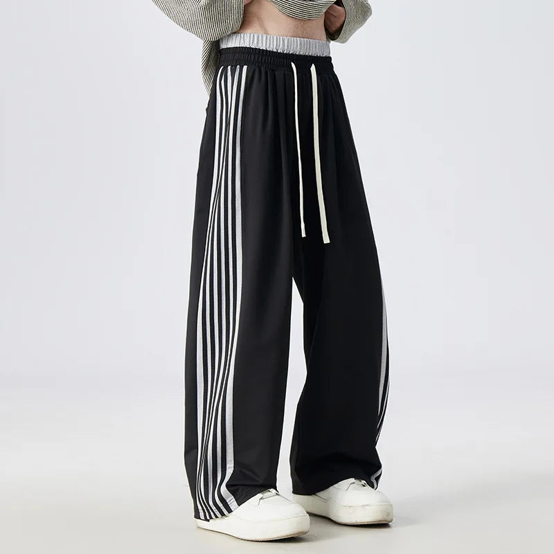 Men's Casual Pants Striped Spor Wide Leg Drapey Feel Patchwork Waist Design Comfortable Straight Cut Everyday Trousers
