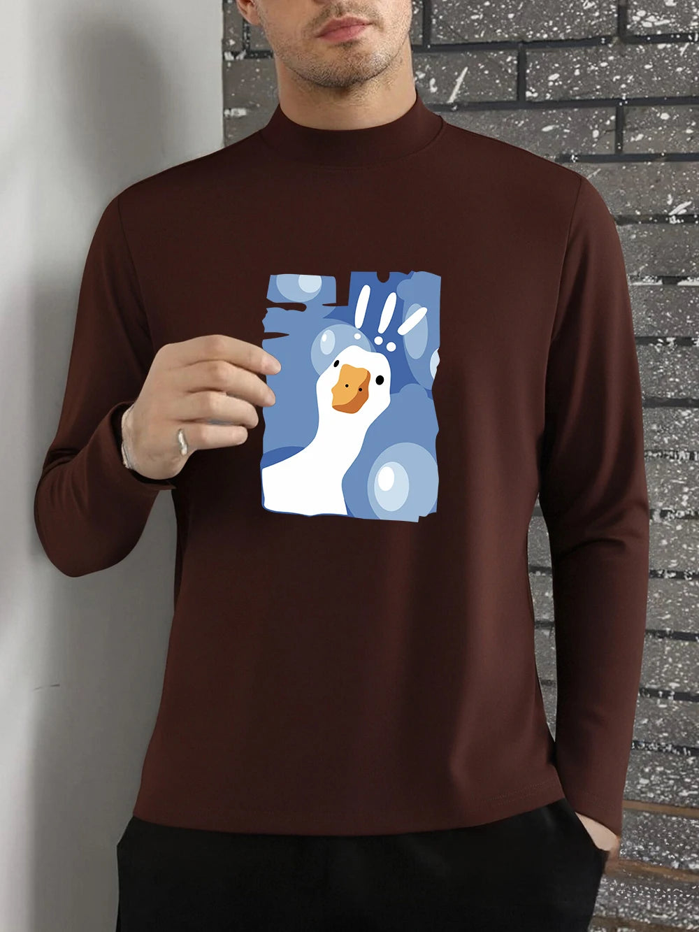 Surprised Goose Fun Prints T-Shirts Mens Winter Fleece Tops Half Turtleneck Slim Fit Warm Bottoming Shirt Fashion Male Clothes