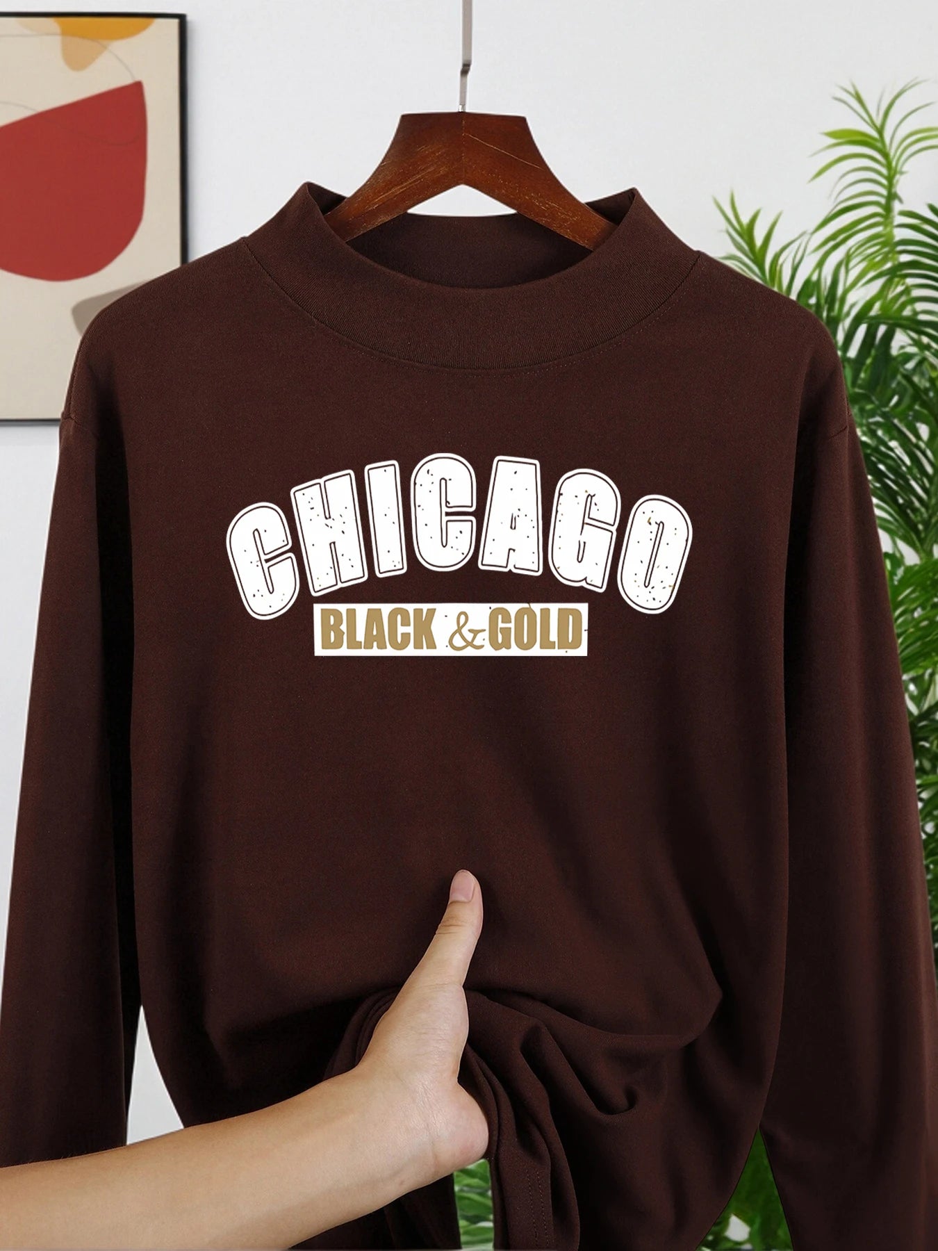 Chicago Black Gold Prints Inner Wear Man'S Autumn Winter Long Sleeve Shirt Velvet Fleece Mock Neck Tops Fit Thicken Clothing