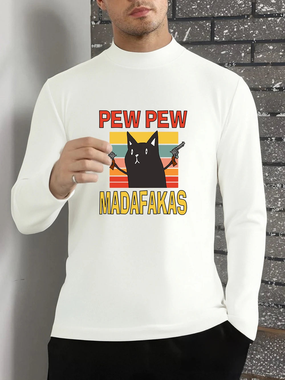 Pew Pew Madafakas Cats Prints T-Shirt Men'S Autumn Long Sleeves Bottoming Shirt Warm Half Turtleneck Slim Fit Tops Basic Clothes