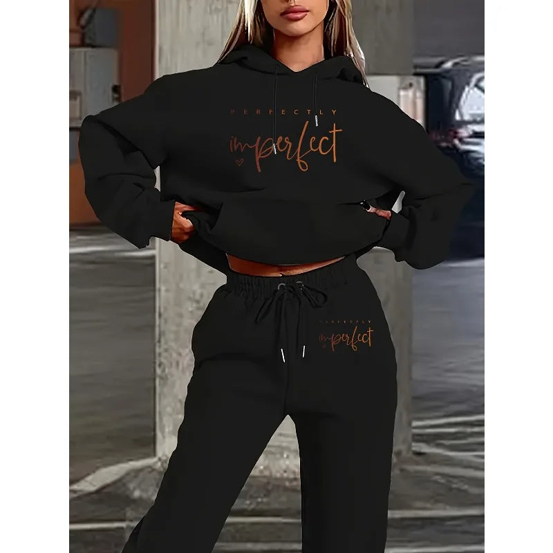 2025 Women's Casual Polyester Two Piece Set Autumn/Winter Hoodie with Pocket Pants 3D Printed Letter Perfect Imperfect Design