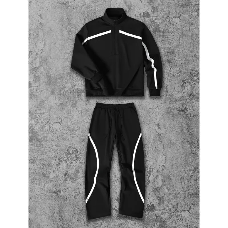 Stand Collar Jacket Men's Retro Splicing Loose Sports Casual Jacket Elastic High Waist Trousers Suit