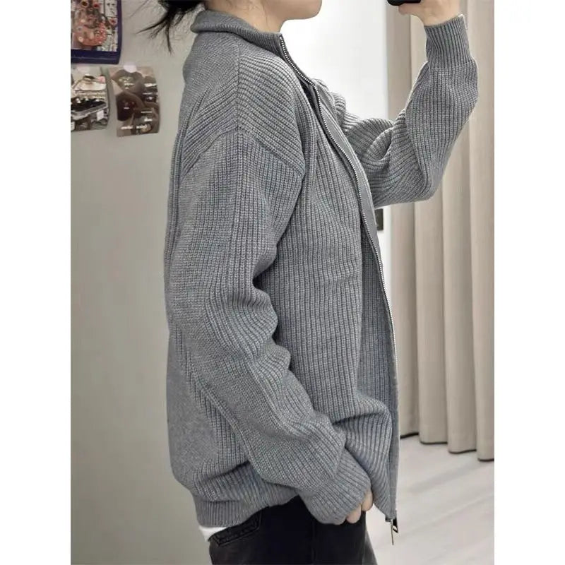 American Sle Pure Color Zipper Collar Knitwear Men Women Winter Warm Thiened Outerwear Casual Faion Soft Polyester