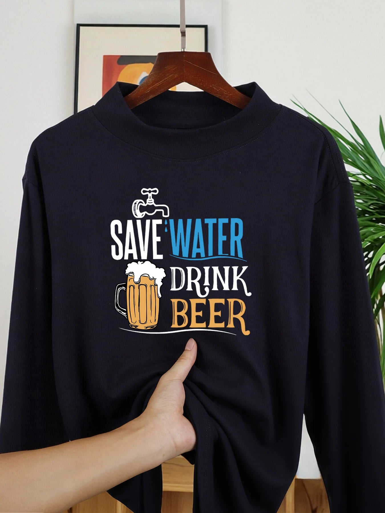Save Water Drink Beer Print Mens Casual Base Layer Soft Velvet Fleece Long Sleeve Shirt Fit Thicken Pullover Comfy Mock Neck Top
