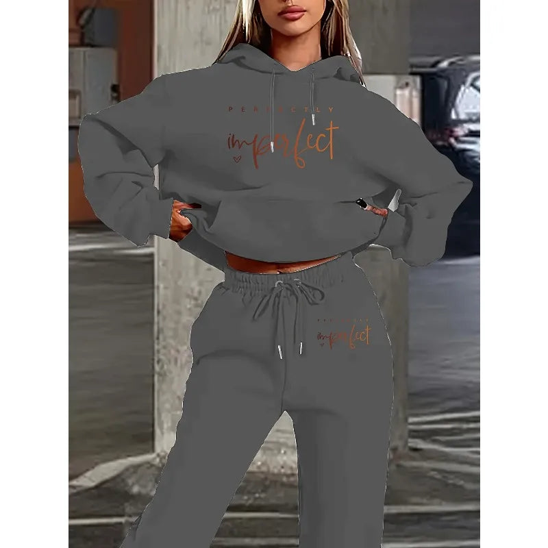 2025 Women's Casual Polyester Two Piece Set Autumn/Winter Hoodie with Pocket Pants 3D Printed Letter Perfect Imperfect Design