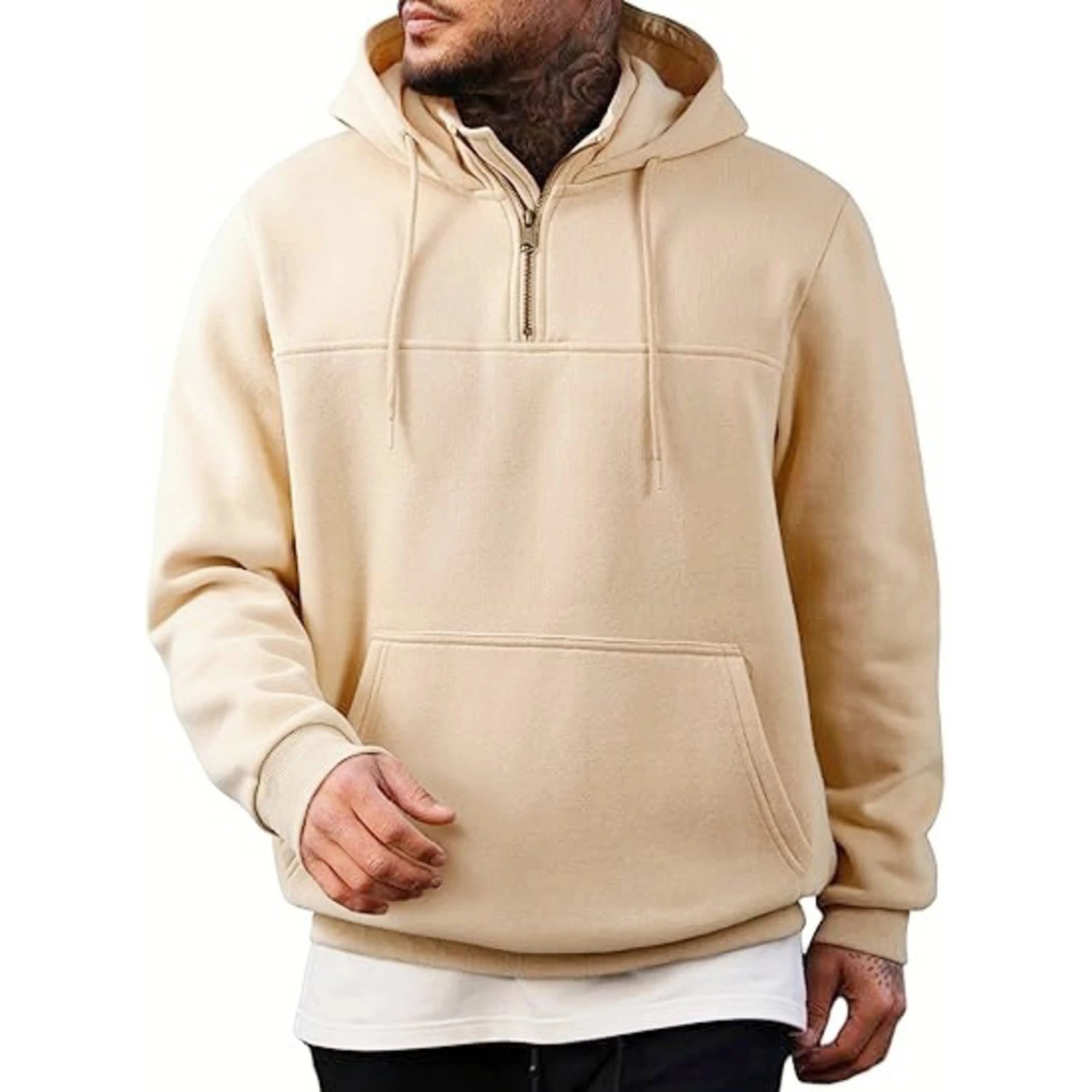 Winter Men's Casual Fleece Hooded Sweatshirt  Plush Loose Solid Color Pullover Half Zipper With Pocket Tops Male Sports Jacket