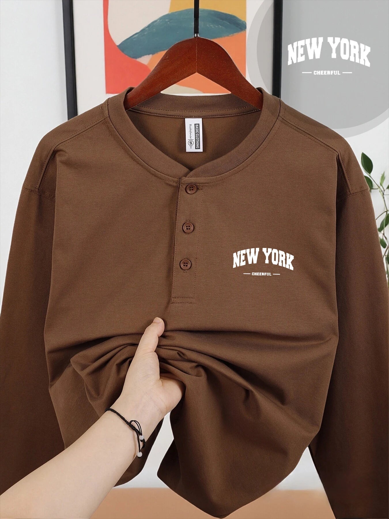 New York Cheerful Prints Mans Henry Shirt Skin-Friendly Autumn Tops Casual Clothes Crew Neck Business Comfortable Clothing