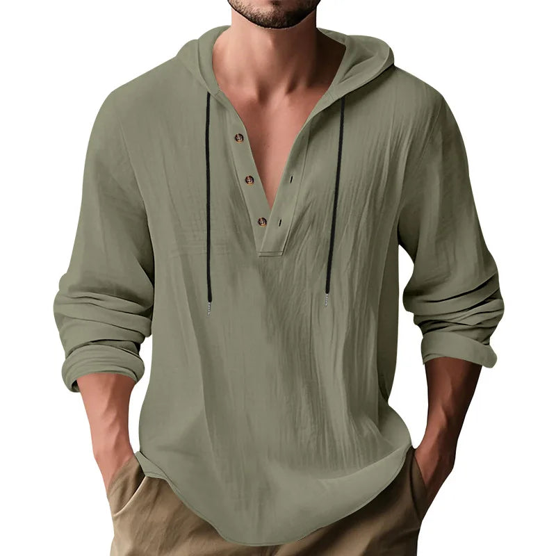 Men's Long Sleeve Tops Drawstring Hoodies Casual Cotton Linen Solid Color Casual Shirts Loose Pullover Sweatshirts Coat Outwear