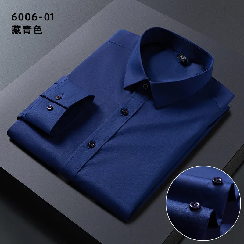 No Trace Men's Shirts Long Sleeve 8XL Bamboo Fiber Mens Shirts Long Sleeve Dress Shirt Casual Work Blue White Shirt Anti-Wrinkle