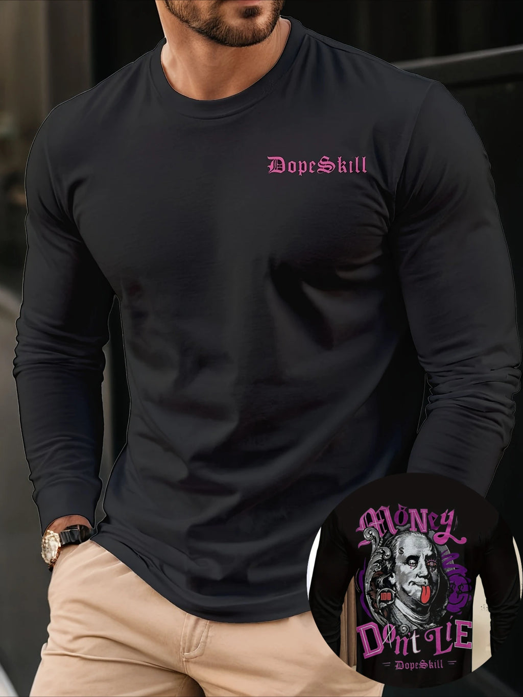 Men's Funny Dollar Pattern Printed Long Sleeve T-Shirt Trendy Round Neck Top Comfortable and Breathable for Daily Travel