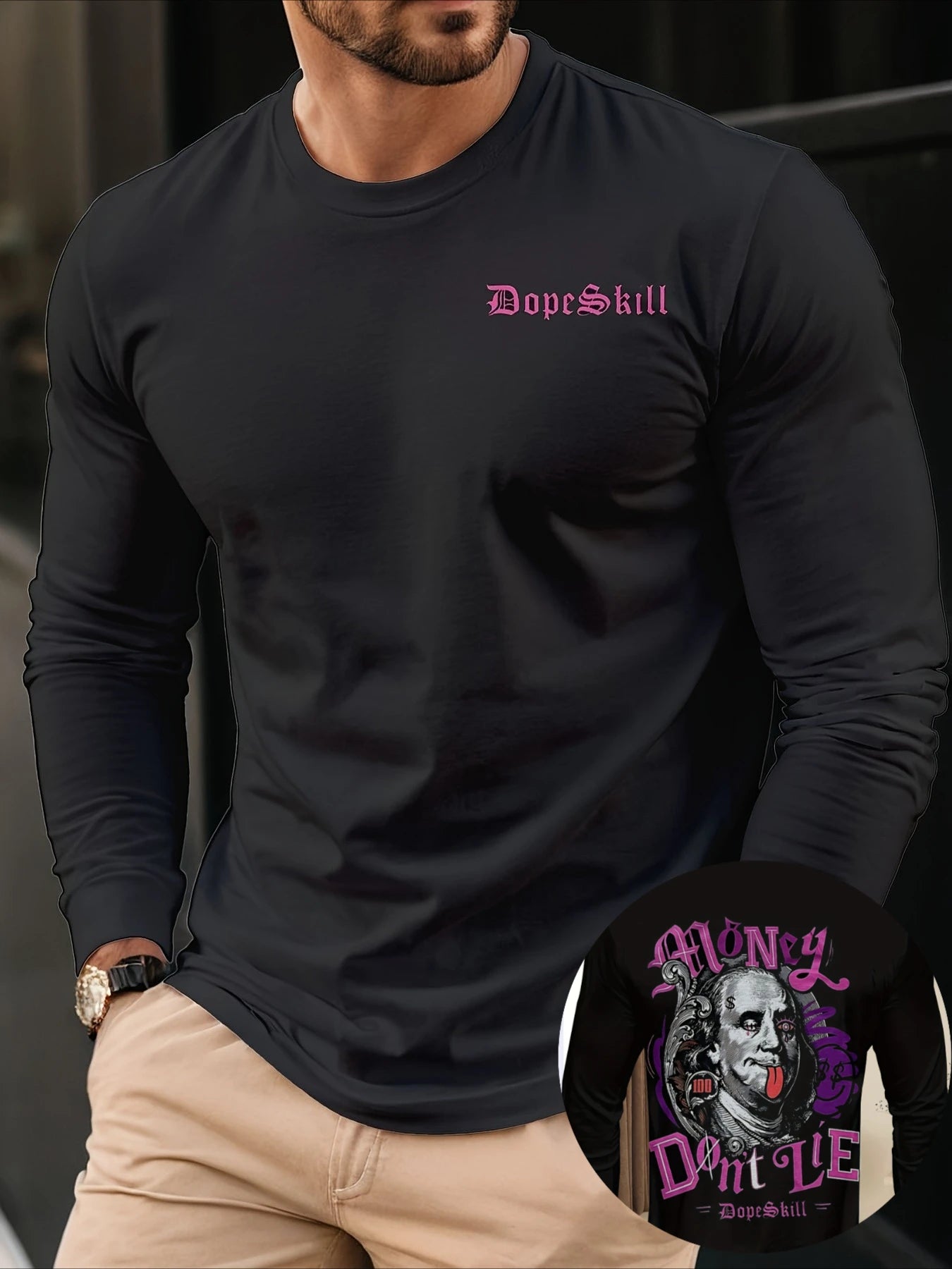 Men's Funny Dollar Pattern Printed Long Sleeve T-Shirt Trendy Round Neck Top Comfortable and Breathable for Daily Travel