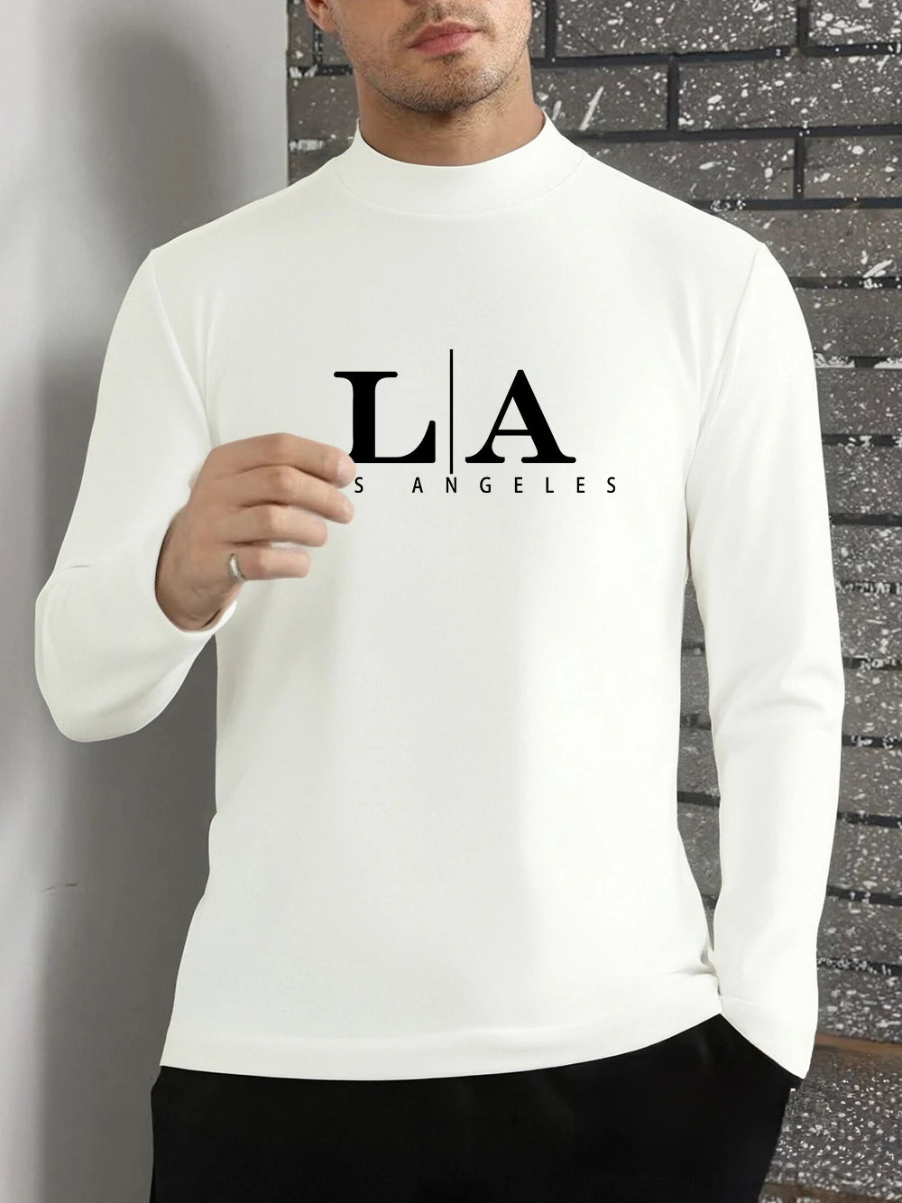 Los Angeles Letter Prints T-Shirt Mens Autumn Long Sleeves Bottoming Shirt Half Turtleneck Slim Warm Tops Basic Male Clothes