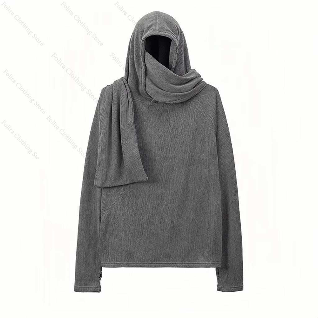 Harajuku Style Long Sleeve T-Shirt with Gray Hooded Shirt for Men Men's T-shirt with Muffler Pullover Winter Clothes Streetwear