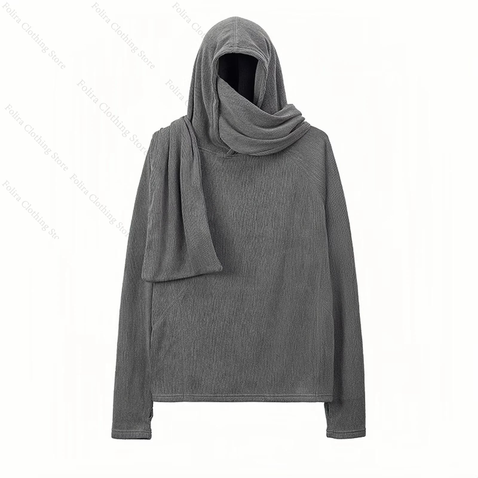 Harajuku Style Long Sleeve T-Shirt with Gray Hooded Shirt for Men Men's T-shirt with Muffler Pullover Winter Clothes Streetwear