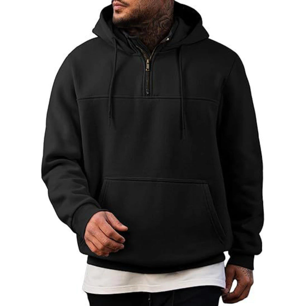 Winter Men's Casual Fleece Hooded Sweatshirt  Plush Loose Solid Color Pullover Half Zipper With Pocket Tops Male Sports Jacket