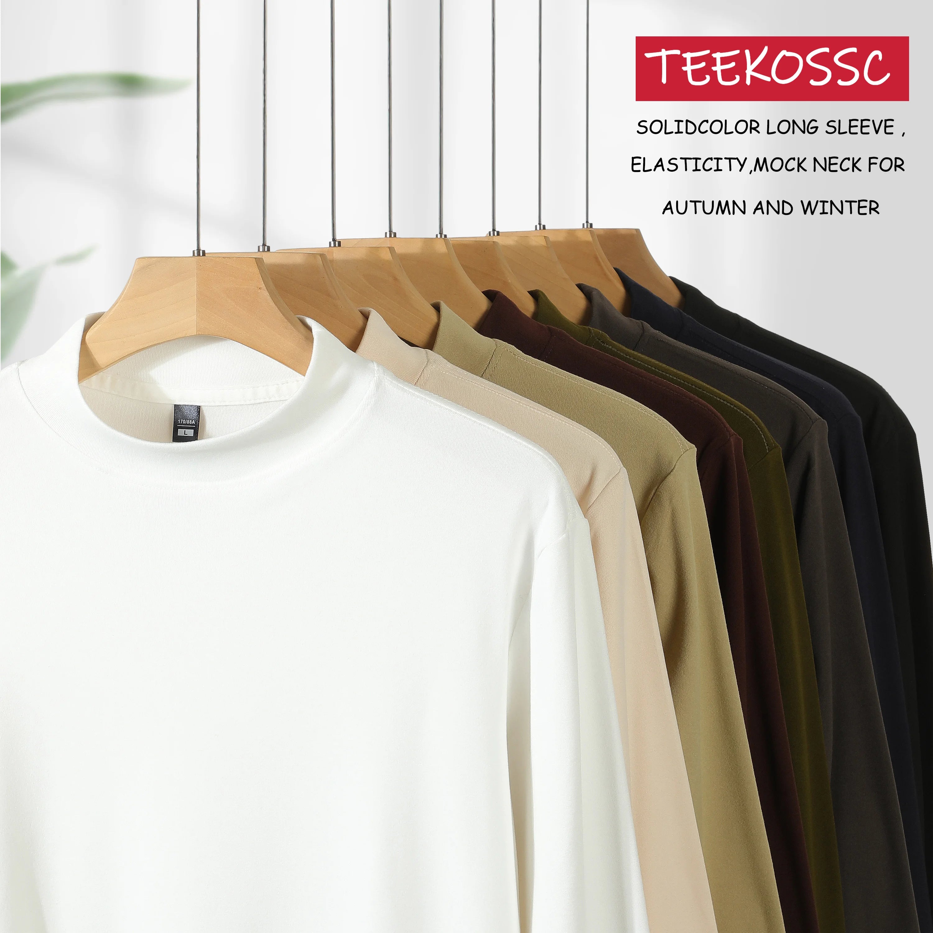 Men's Solids Long T-Shirt Mock Neck Fashion Pullovers Autumn and Winter New Outdoor Long Sleeve High-Elasticity Basics Tops