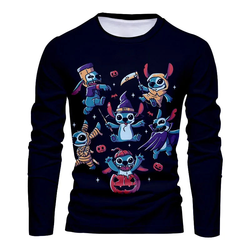 2025 New Horror Halloween Collection Streetwear Disney Stitch and Mickey 3D Printed Casual Men's Crew Neck Long Sleeve Tee