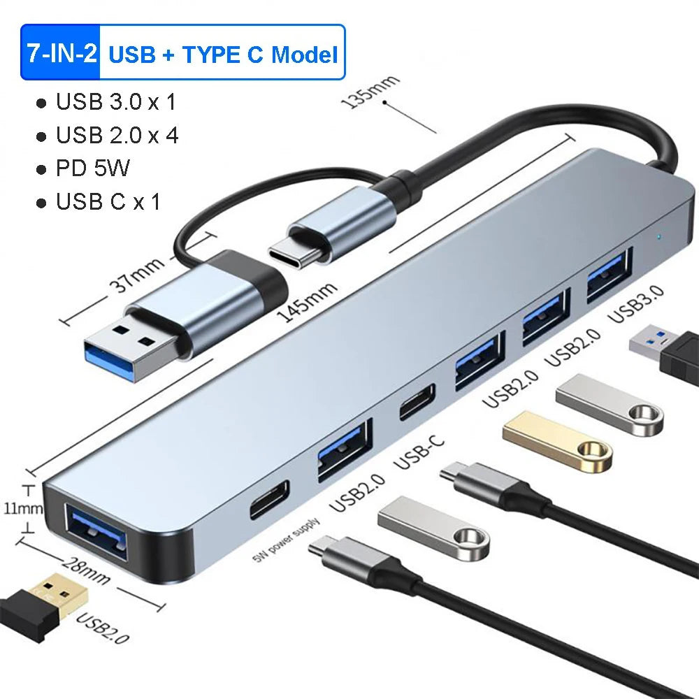 USB-C Hub USB 3.0 HUB C Ports to 7 Ports USB HUB USB Splitter with USB 3.0 4 USB 2.0 and 2 USB C Ports USB Distributor